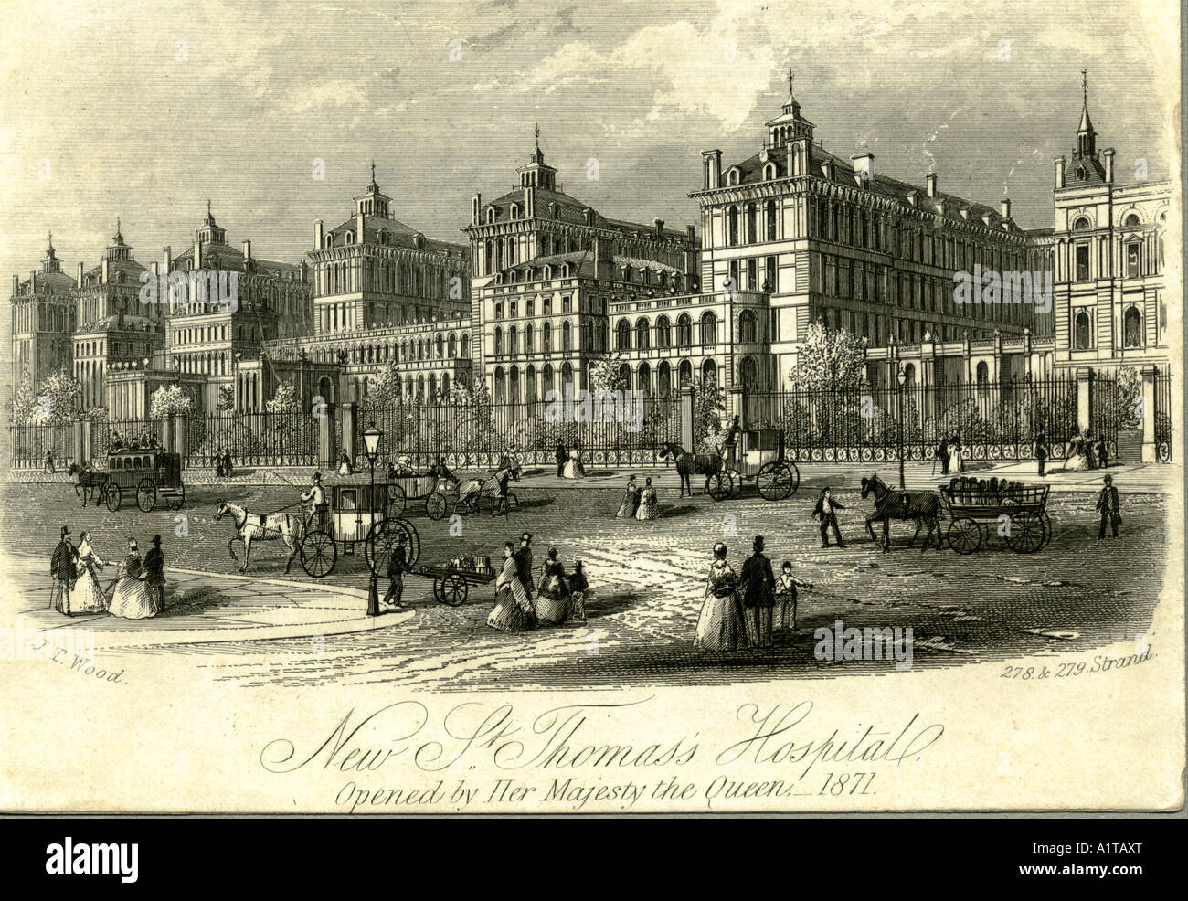 View Card von J T Wood of New St. Thomas's Hospital 1871 Stockfoto