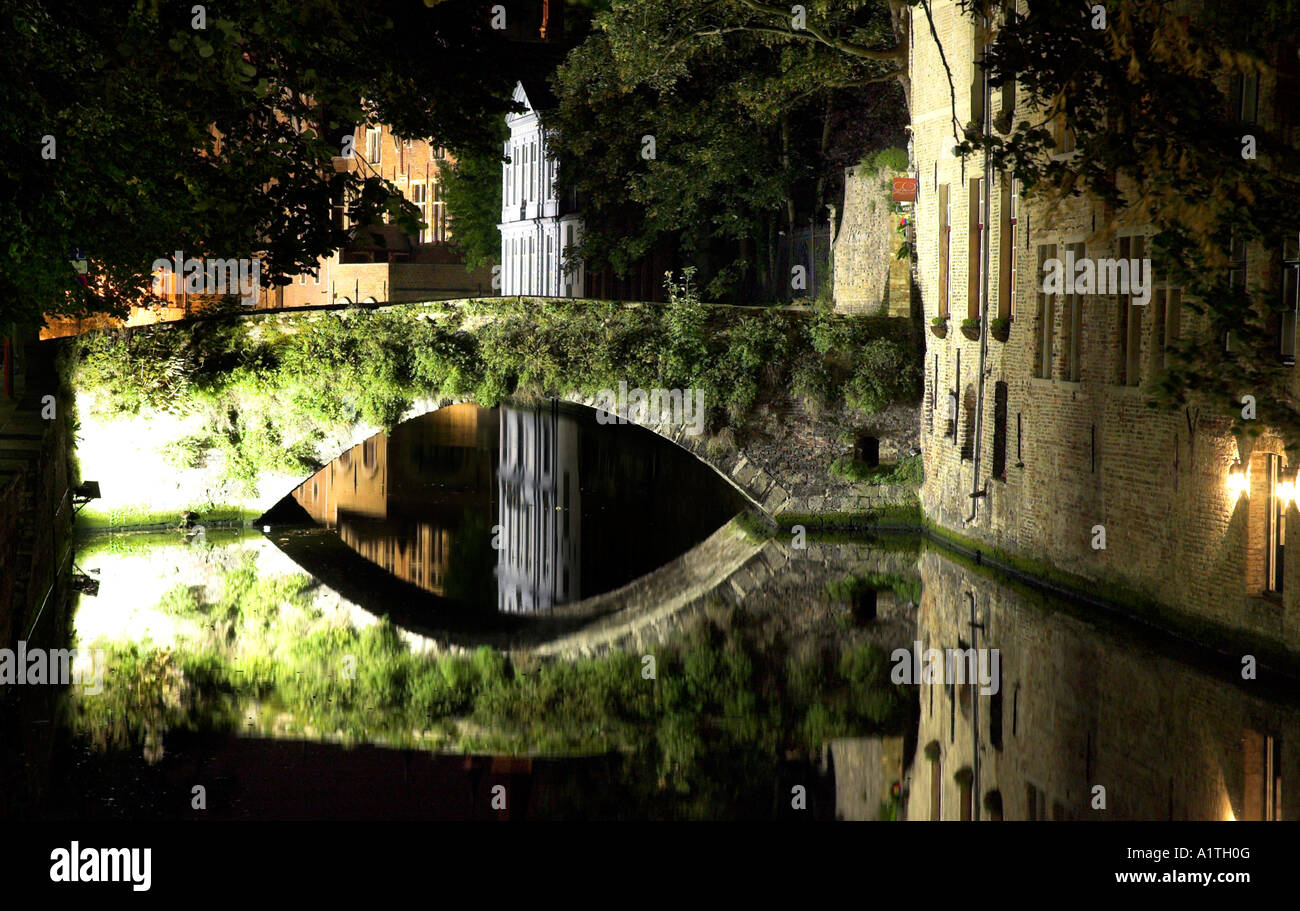 Eine Nachtaufnahme der mittelalterlichen Stadt Brügge mit den Gebäuden und Brücke perfekt in den Kanal wider Stockfoto