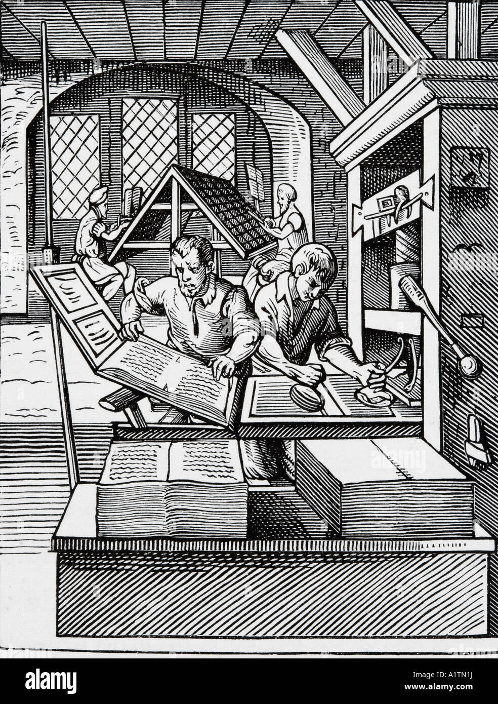 Inneneinrichtung einer Druckerei aus dem 16. Jahrhundert von Jost Amman. Von einer Gravur aus dem sechzehnten Jahrhundert. Stockfoto