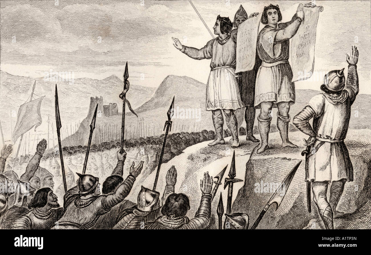 Charles ΙΙ, 823 - 877, und sein Bruder Louis, der Deutsche, haben 842 einen Vertrag in Straßburg geschlossen. Stockfoto