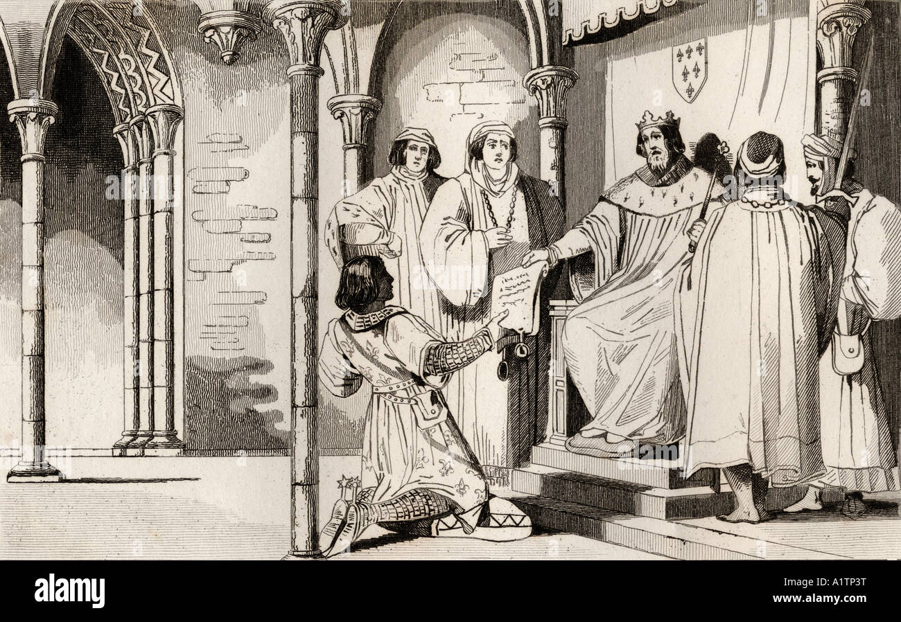 Karl IV., nannte die Messe und den Bald. 1294 - 1328, erhält ein Plädoyer vor Gericht. Von der Histoire de France von Colart, herausgegeben um das Jahr 1840. Stockfoto