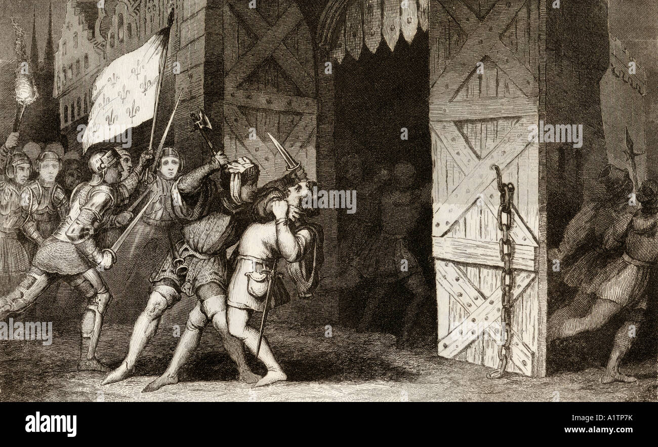 Französische Ritter greifen während des 100-Jährigen Krieges eine von Engländern gehaltene Stadt an. Von der Histoire de France von Colart herausgegeben um das Jahr 1840 Stockfoto