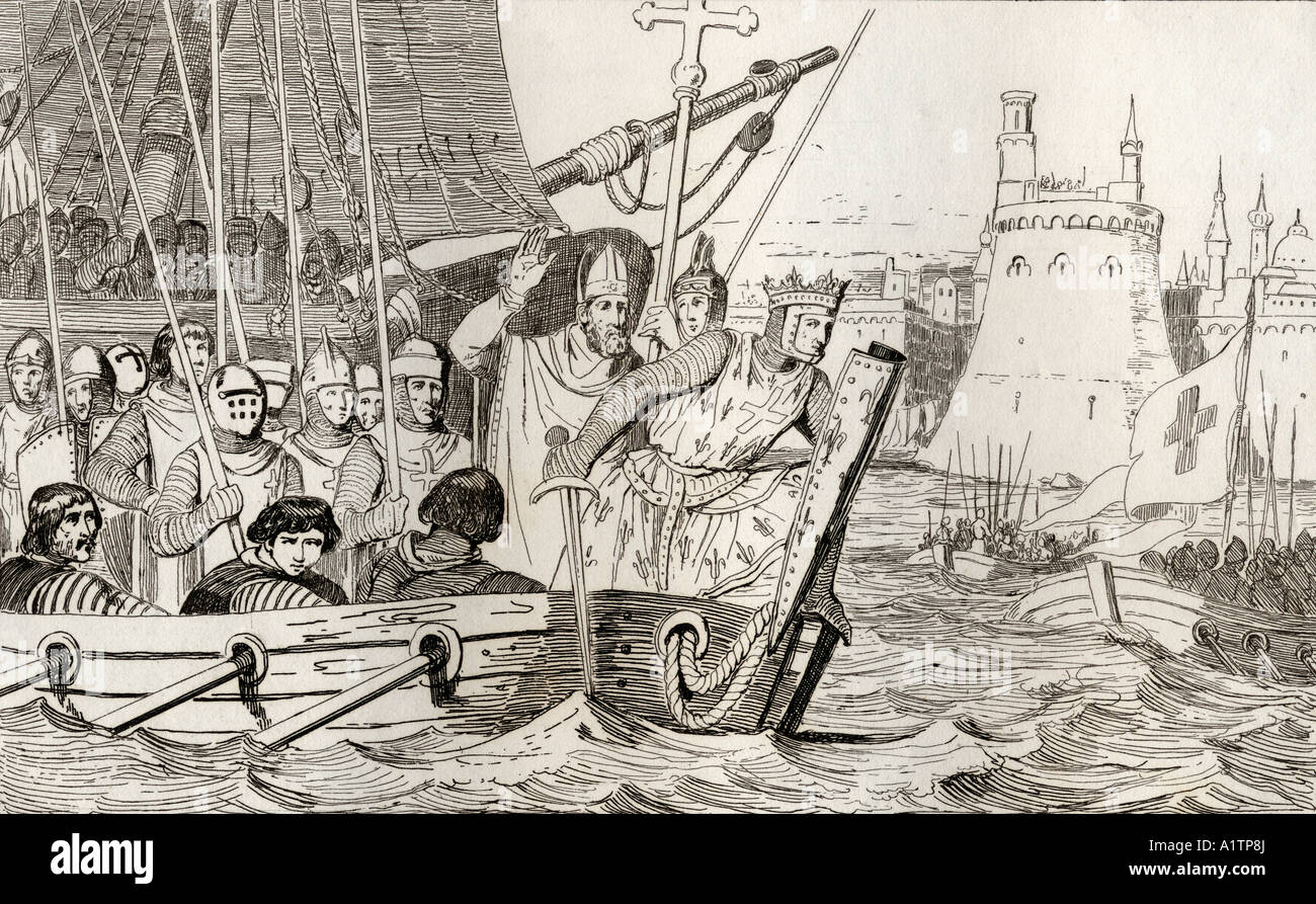 König Ludwig IX. Alias Saint Louis, 1214 - 1270, führt seine Truppen im Kampf. Von der Histoire de France von Colart herausgegeben um das Jahr 1840 Stockfoto