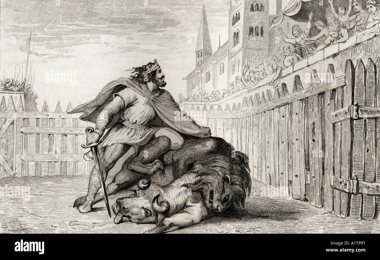 Pepin Der Kurzen, 714 - 768, mit dem Löwen und dem Stier. Von der Histoire de France von Colart, herausgegeben um das Jahr 1840. Stockfoto