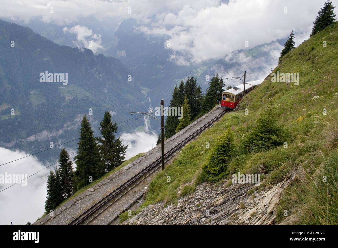 Bergbahn Zahnradbahn von Wilderswil nähert sich Schynige Platte Berner Oberland Schweiz Stockfoto