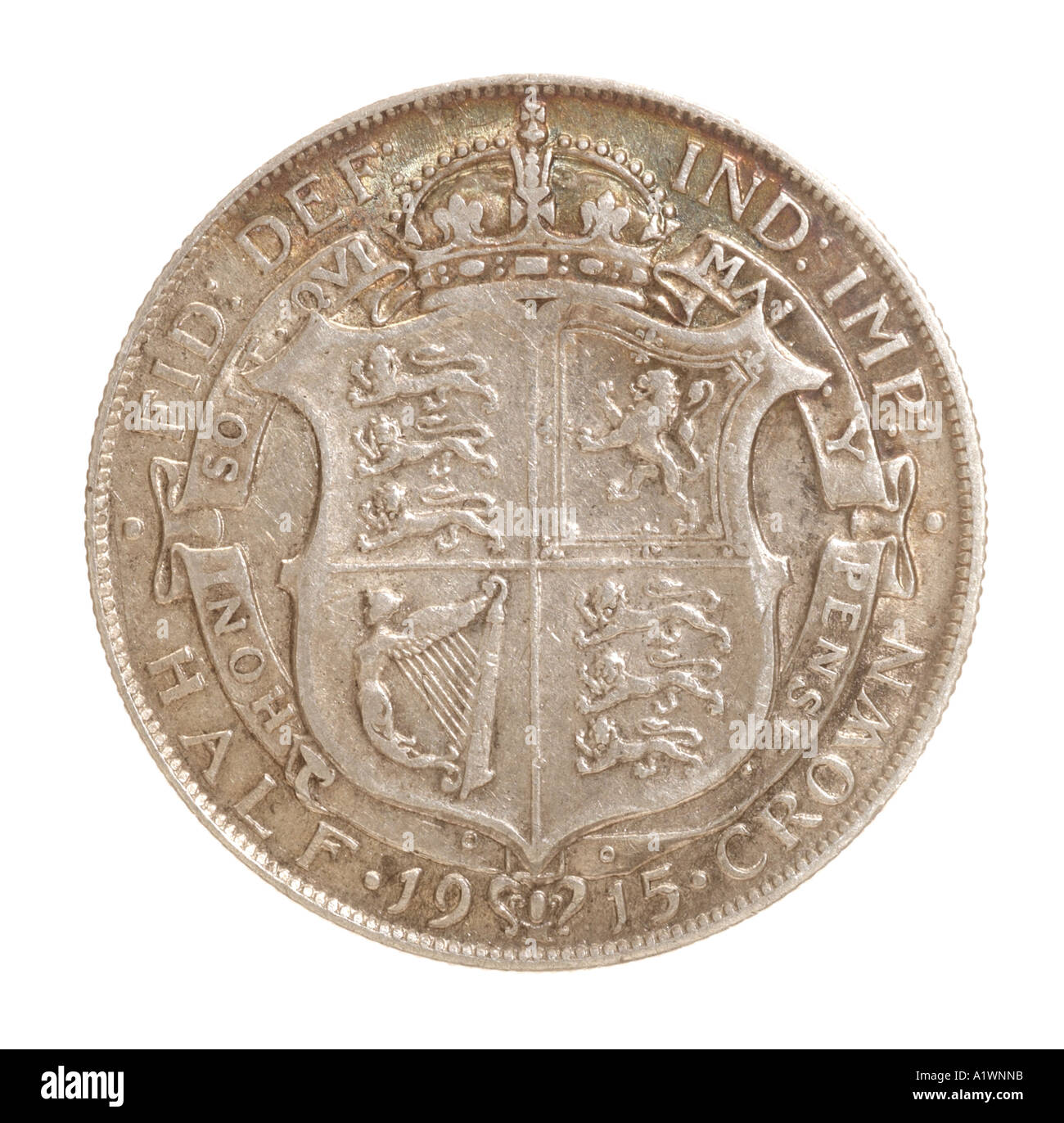 König George V 6 Reg Fid Def Pre Dezimal halbe Krone 30 dreißig alten Pence P 1915 Silber hell Schild Krone Löwe Lyra Harfe linken omn Stockfoto