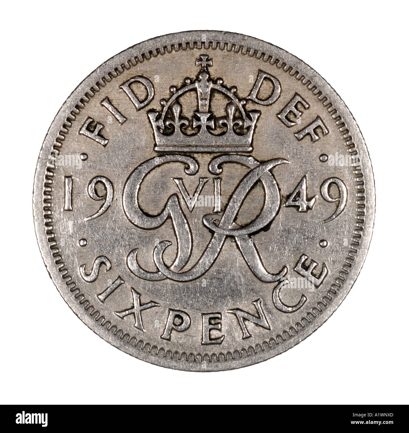 König George VI Reg Regina predecimal 6 sechs alten Pence P Gesicht 1949 Links Gesicht Silber hell Stockfoto