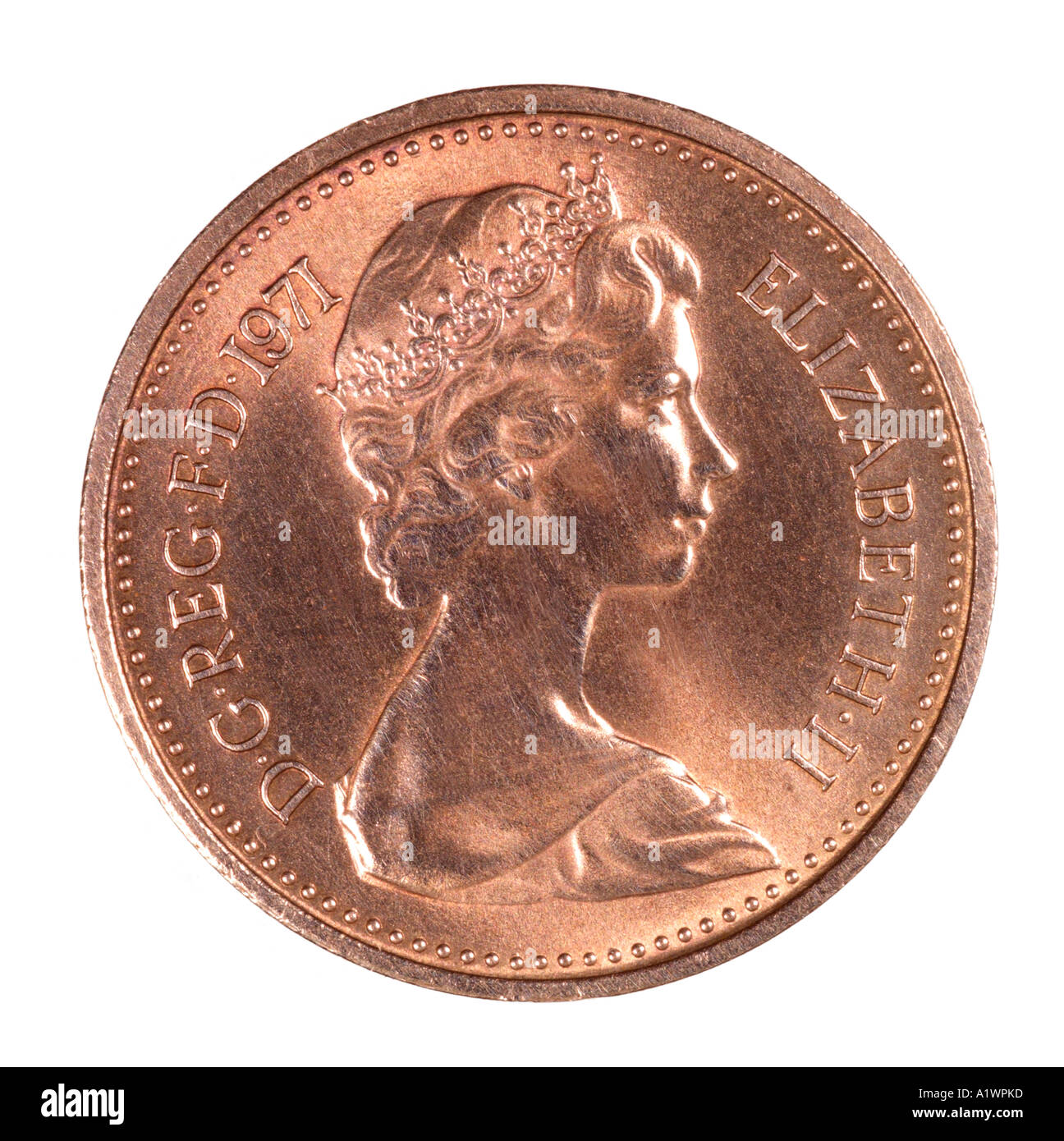 Queen Elizabeth 2 II Reg Regina Dezimal halben Pence P Gesicht recht junge Profil Krone Stockfoto