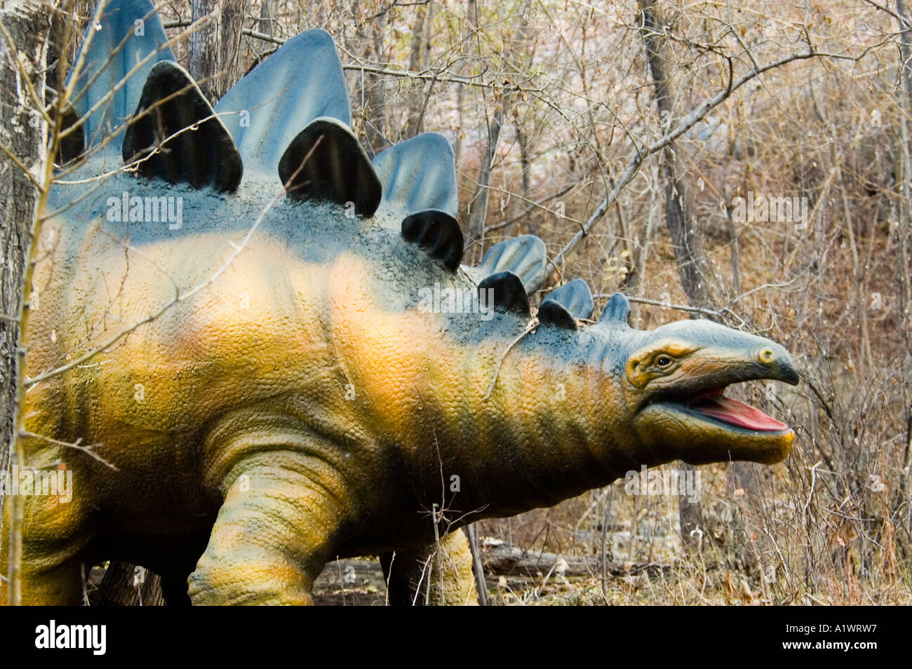 Eine Replik von einem Stegosaurus im Calgary Zoo Prehistoric Park in Calgary Alberta Kanada Stockfoto