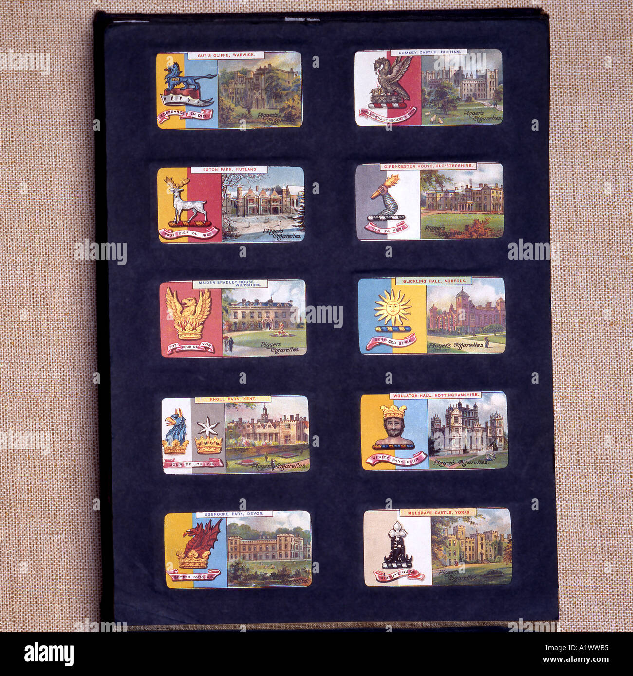 Alte Zigarettenkarten in einem album Stockfoto