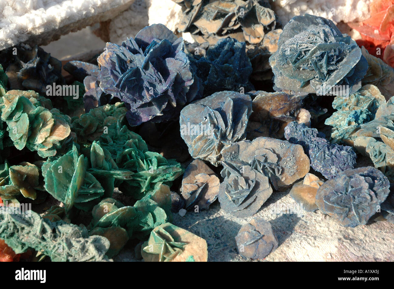 Souvenirs-Stall mit Wüste Rosen am Straßenrand Damm überqueren Chott el Jerid See in Tunesien Stockfoto
