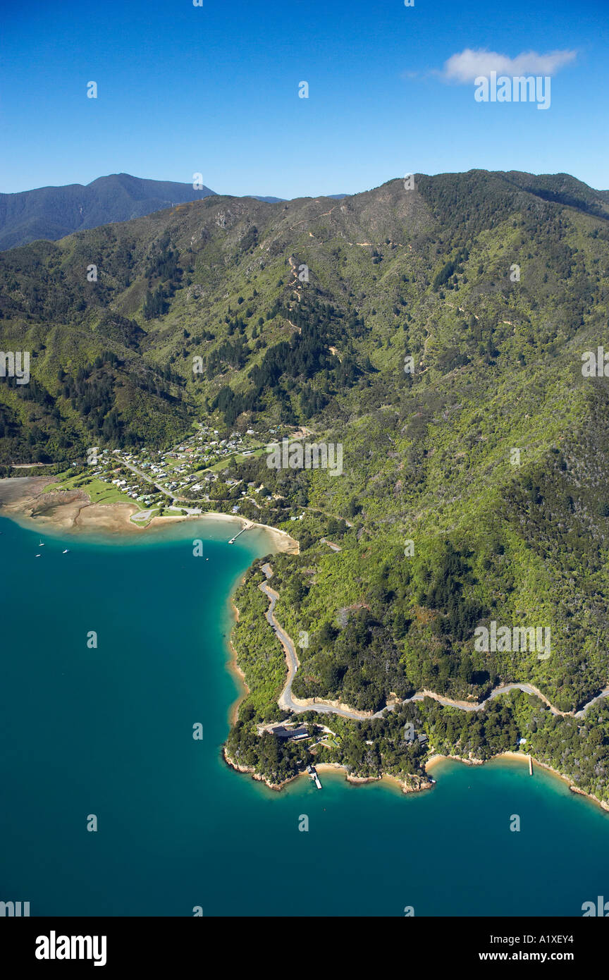 Ngakuta Bay und Queen Charlotte Drive Marlborough Sounds Südinsel Neuseeland Antenne Stockfoto