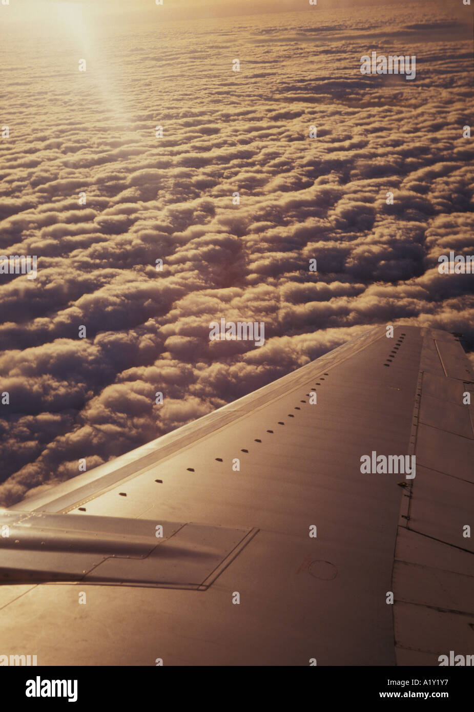 Die Sonne geht über eine Schicht von Wolken, wie die Flügel einer 737 beginnt in einem Zug per Banküberweisung Stockfoto