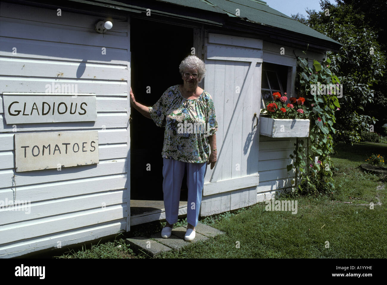 Bäuerin Frau Hausfrau außerhalb am Straßenrand Blume Gemüse stehen Americana-USA Stockfoto