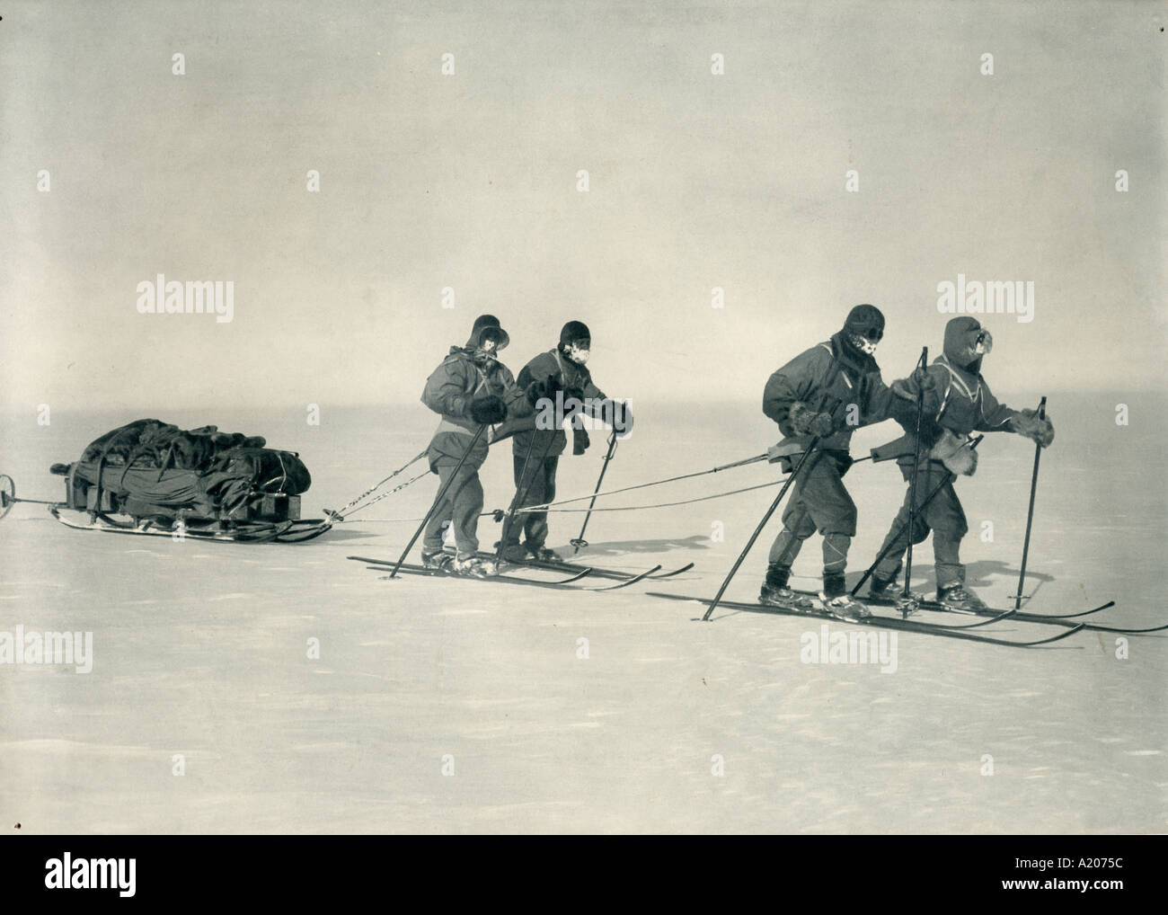 Auf der Polar-Plateau links nach rechts Evans Oates Wilson Scott auf Skiern und Schlitten ziehen Stockfoto