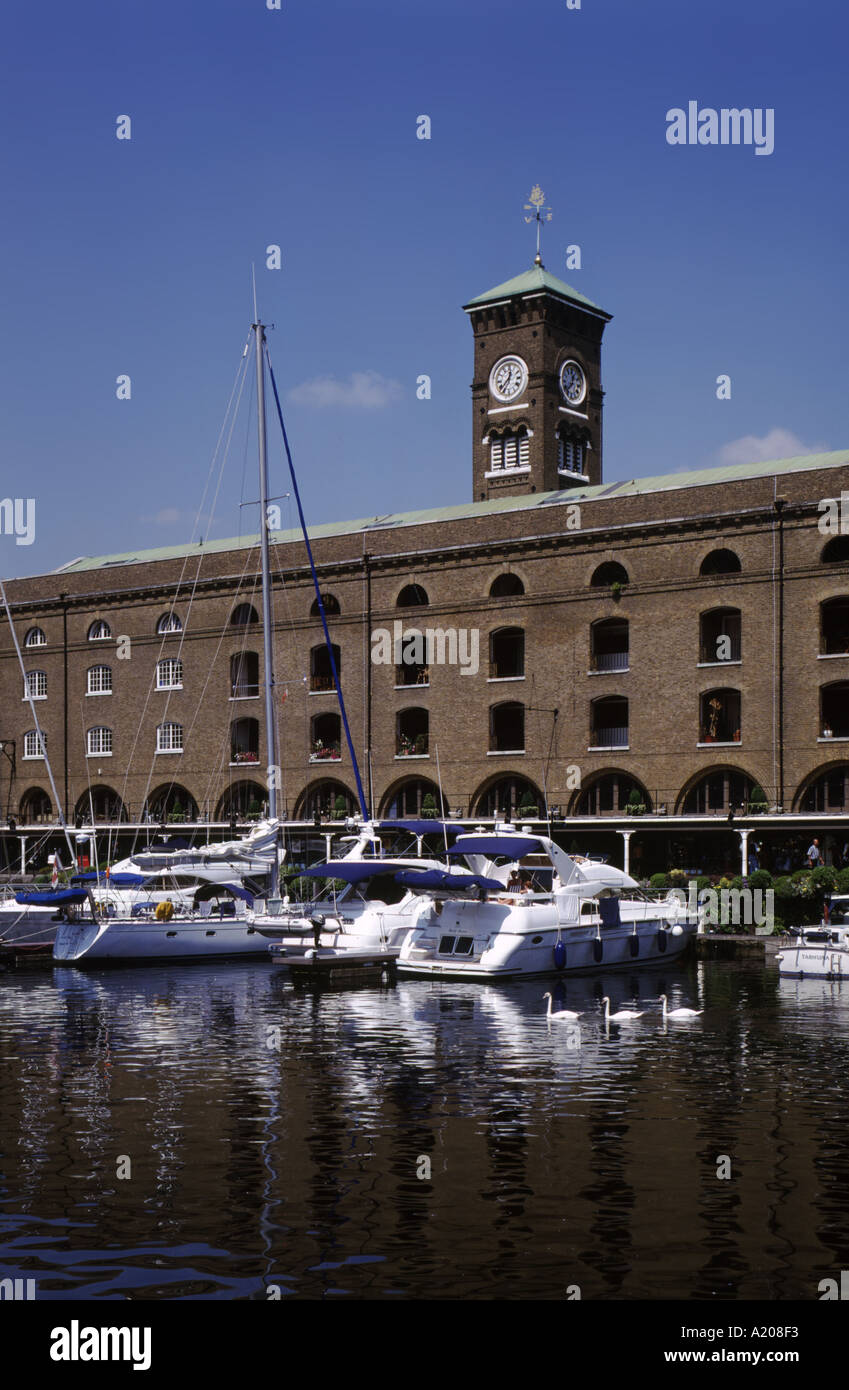 St. Katherine s Docks Gesamtansicht mit Booten und Schwäne Stockfoto