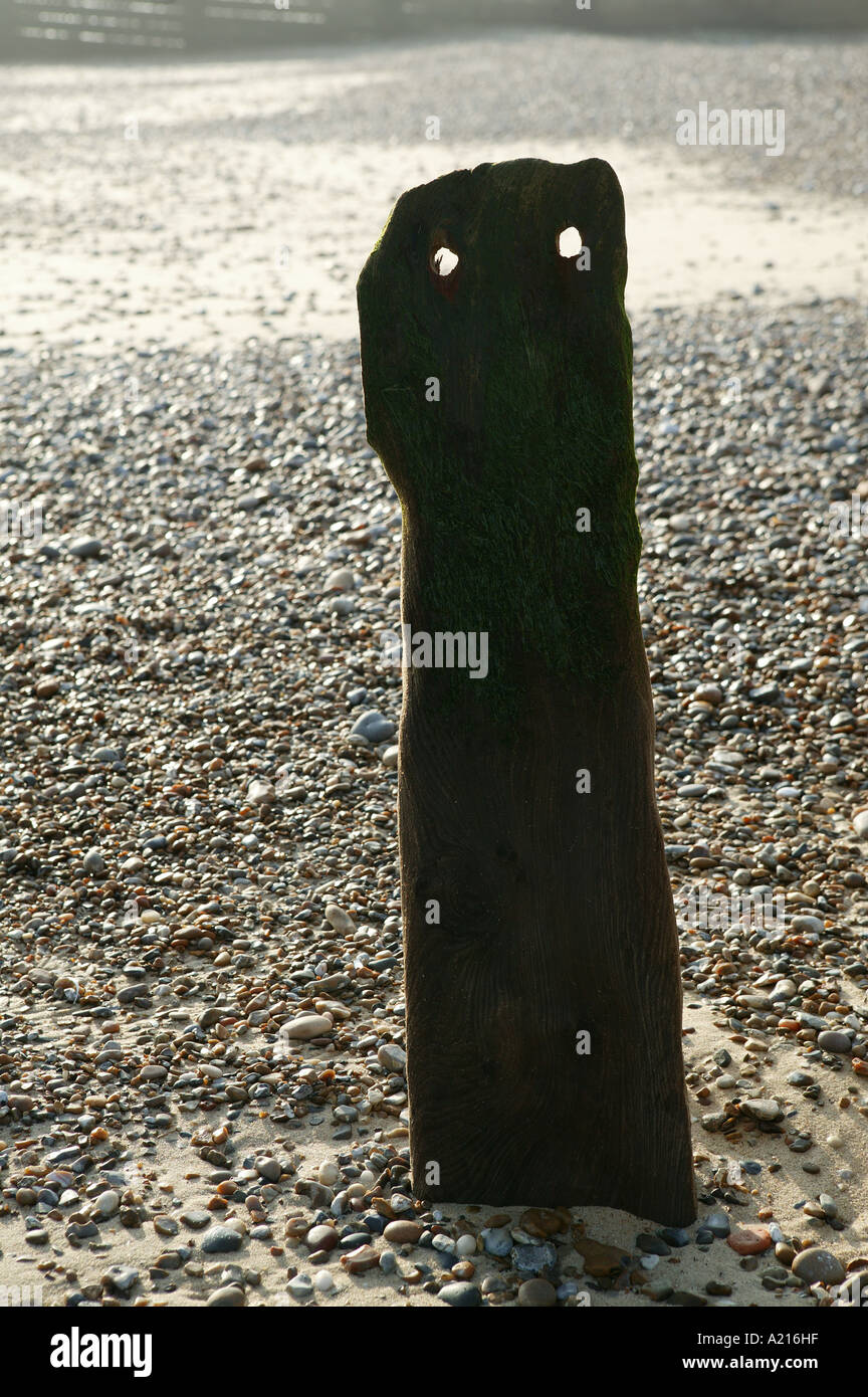 ein Beispiel der Coastal Erosion mit Küsten Wellen im Hintergrund dargestellt von einem seltsamen Spuk Gesicht wie Effekt Stockfoto