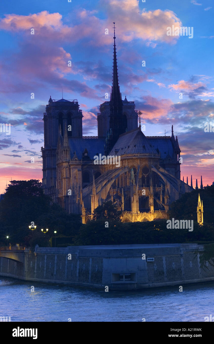 seine Fluss und die Kathedrale Notre Dame in der Nacht Paris Frankreich Stockfoto