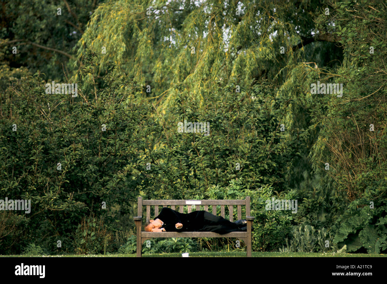 Vistitor der Glyndebourne Opera Festival in Sussex schläft auf einer Gartenbank während des Intervalls Stockfoto