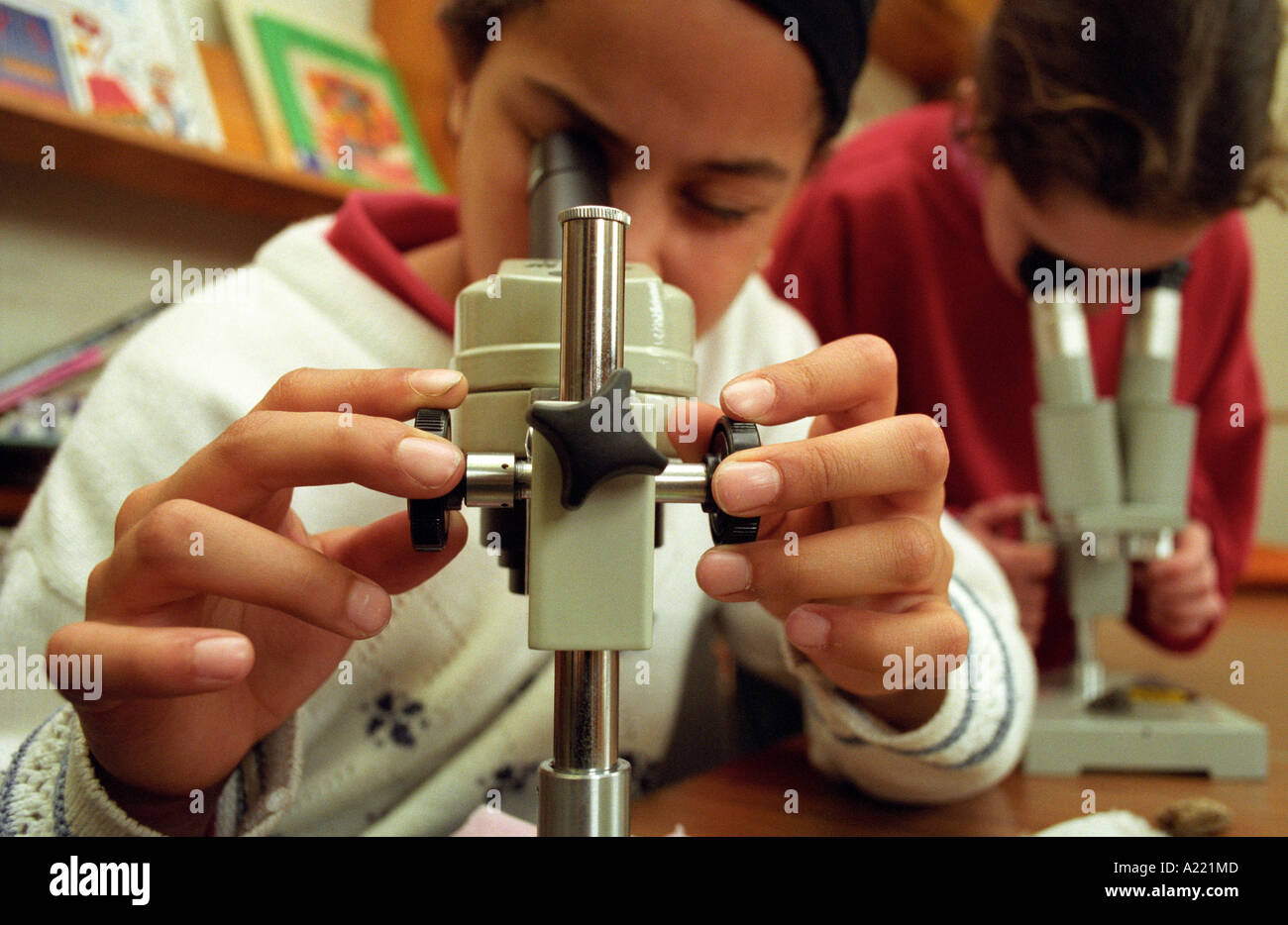 Weibliche Schüler durch einen Mikro Bereich im naturwissenschaftlichen Unterricht Stockfoto