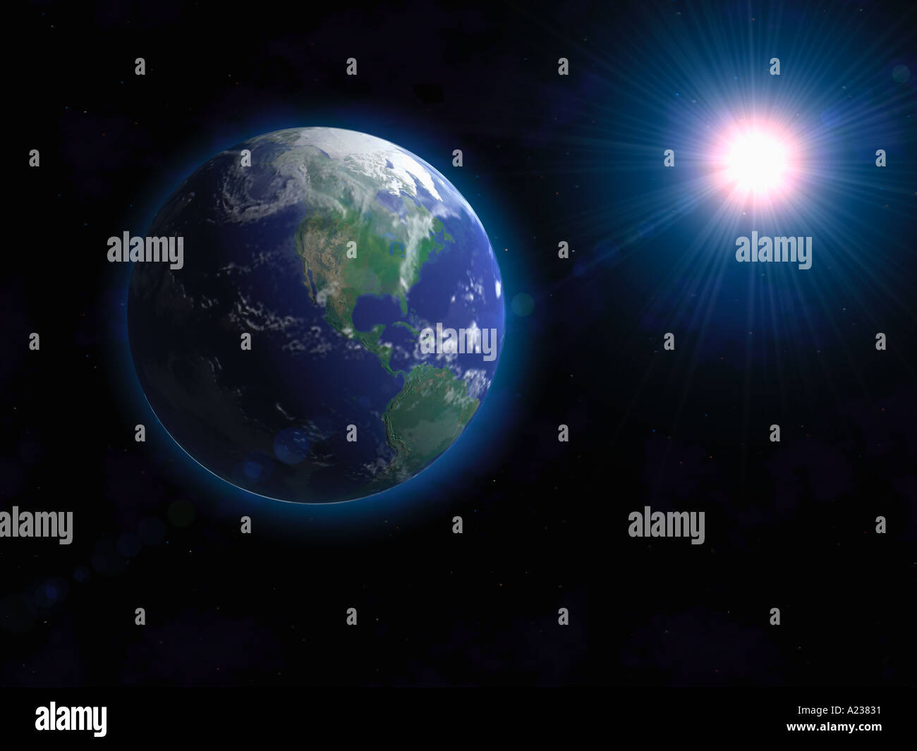 Blick auf die Erde aus dem Weltraum mit Nord- und Südamerika und die Sonne im Hintergrund Stockfoto