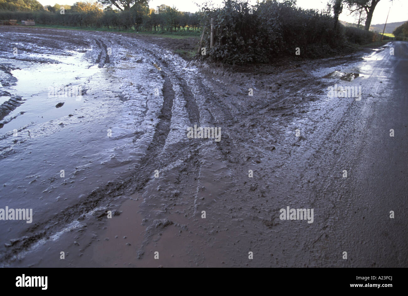 Boden Erossion Schlamm aus einem Bauern Feld läuft auf eine Straße nach Hearvy Regen in der Nähe von Ross on Wye Herefordshire, England Stockfoto