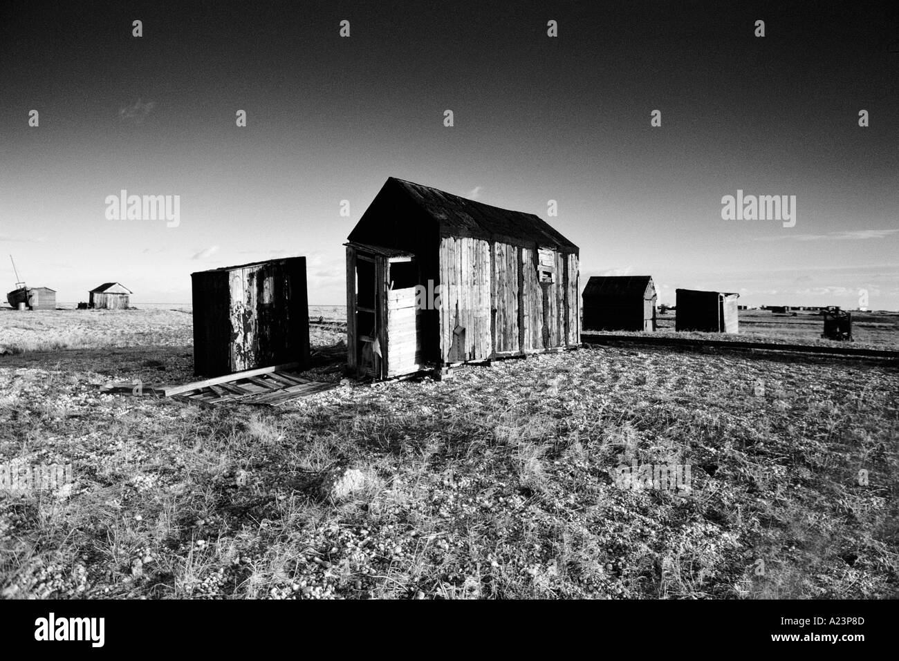 verlassene Blockhütte am Strand von Dungeness Stockfoto