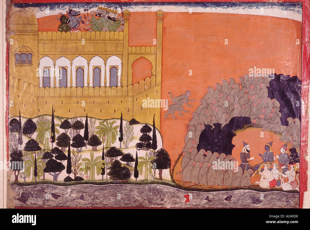 Vibhishana schließt sich Rama Armee. Pahari Gemälde aus einer Privatsammlung. Datiert: 1725-1730 N.Chr. Güler, Indien. Stockfoto