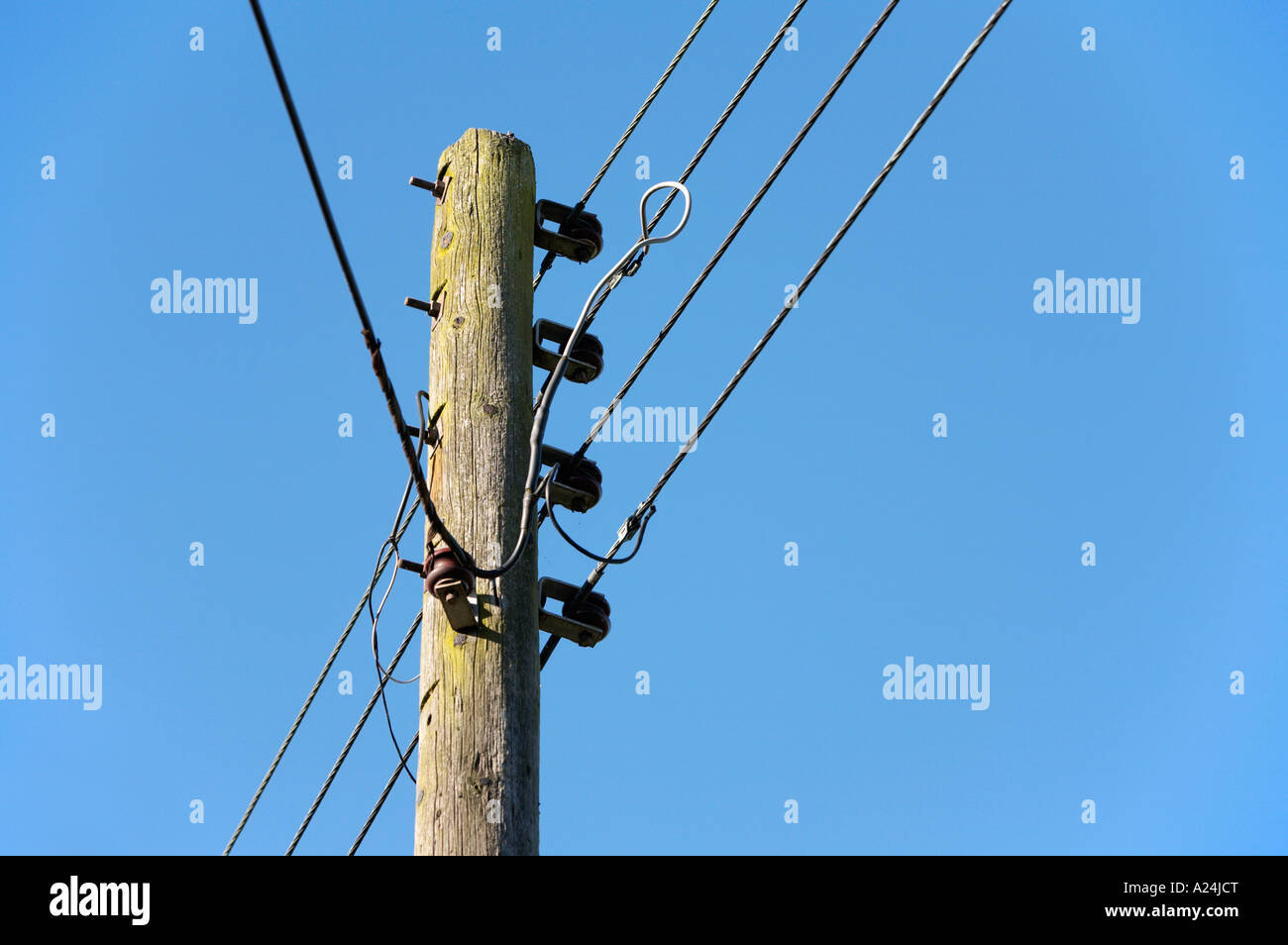 Telegrafenmast tragen Strom- und Telefonleitungen Linien Detail UK Stockfoto