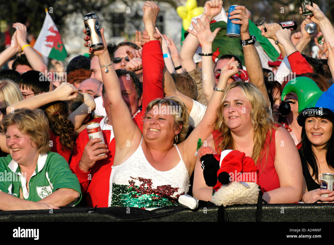 Weibliche walisischen Rugby-Fans feiern Wales gewann ein Länderspiel in Cardiff South Wales UK Stockfoto