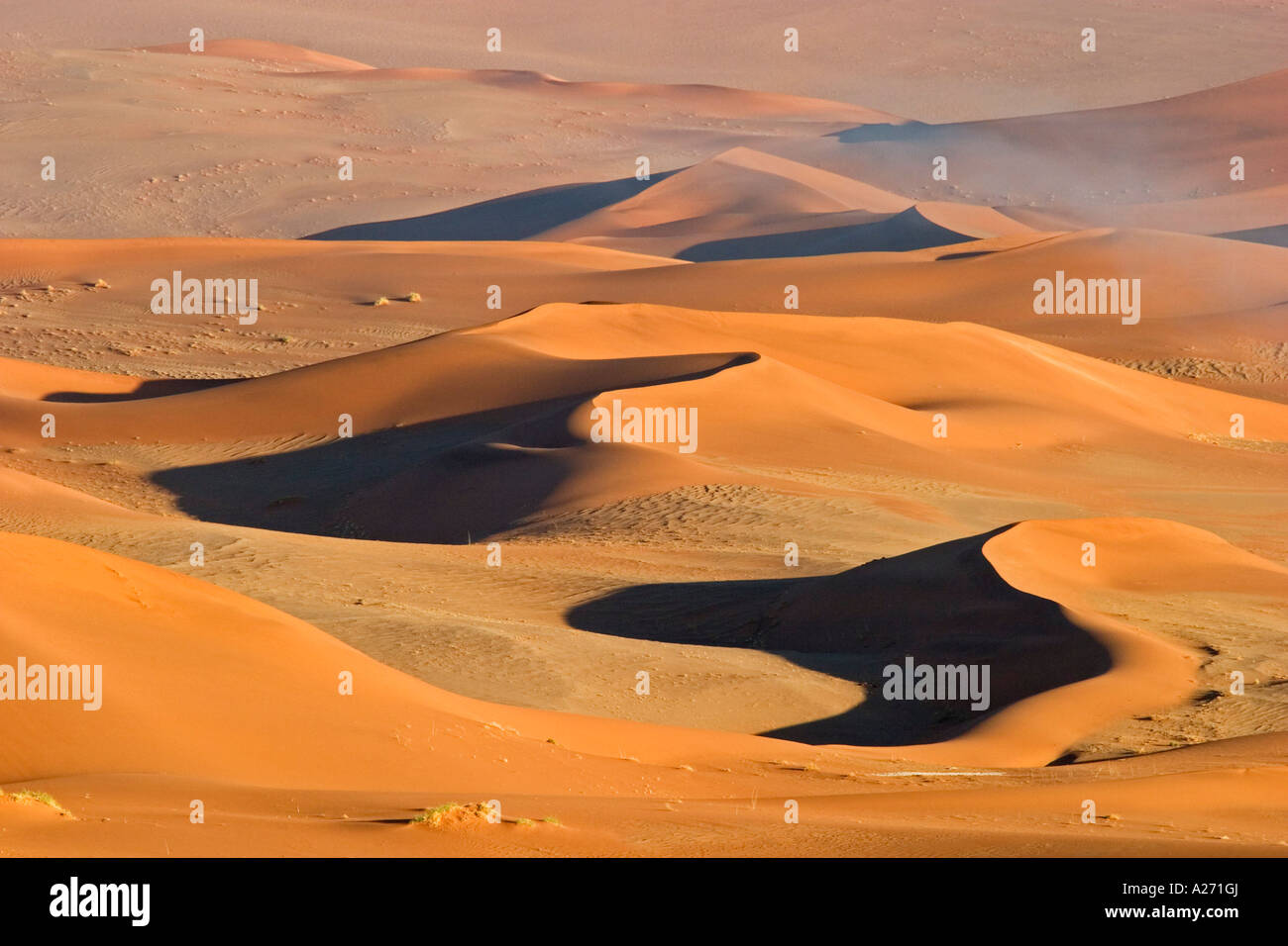 Der Nebel aus dem Ozean (Atlantik) zwischen den roten Dünen. Sossusvlei, Namib-Wüste, Namibia Stockfoto