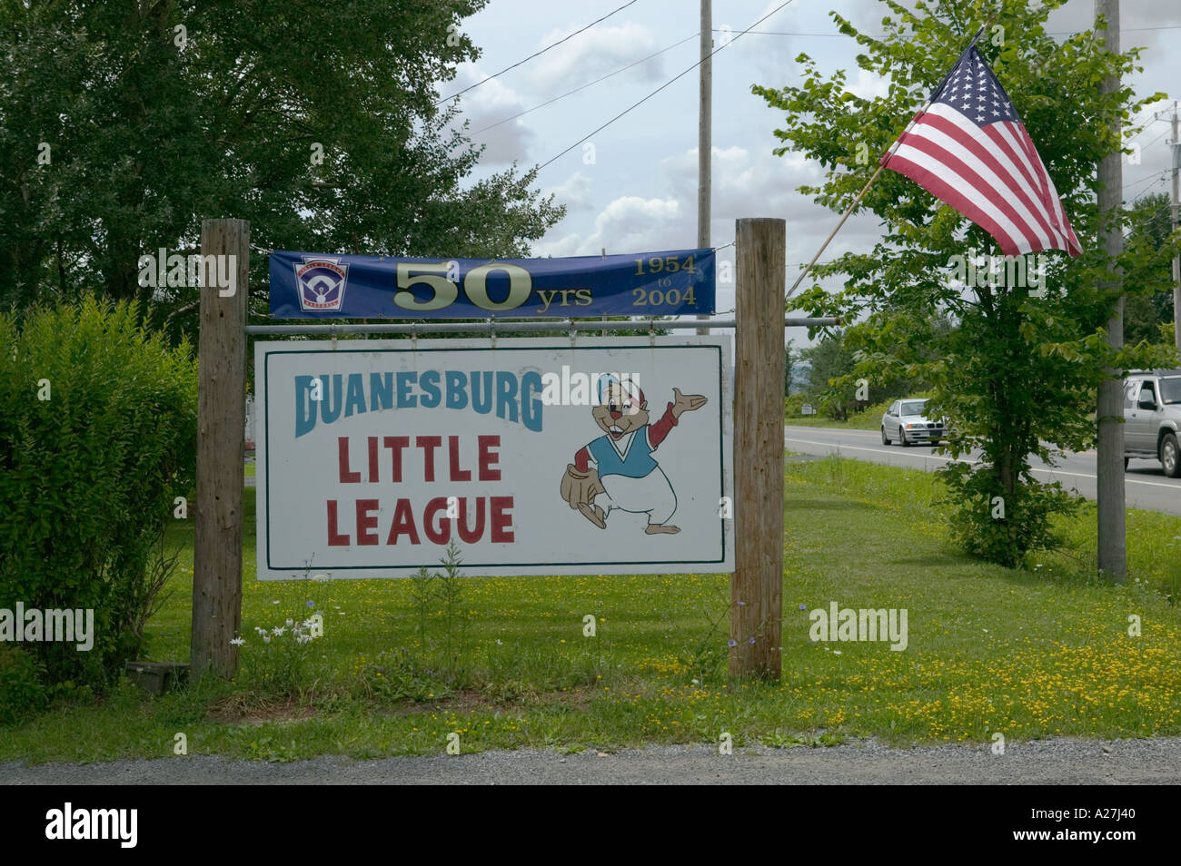 Schild am Little League Baseball park Duanesburg New York Route 20 The Great Western Turnpike Stockfoto