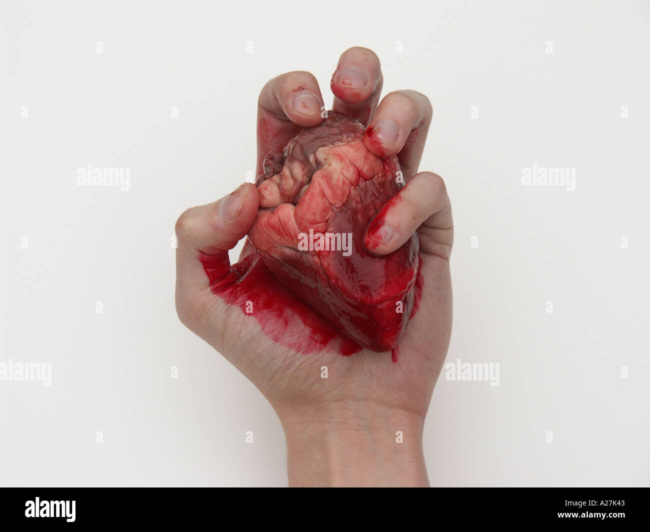 Hand, die ein blutiges Herz Stockfoto