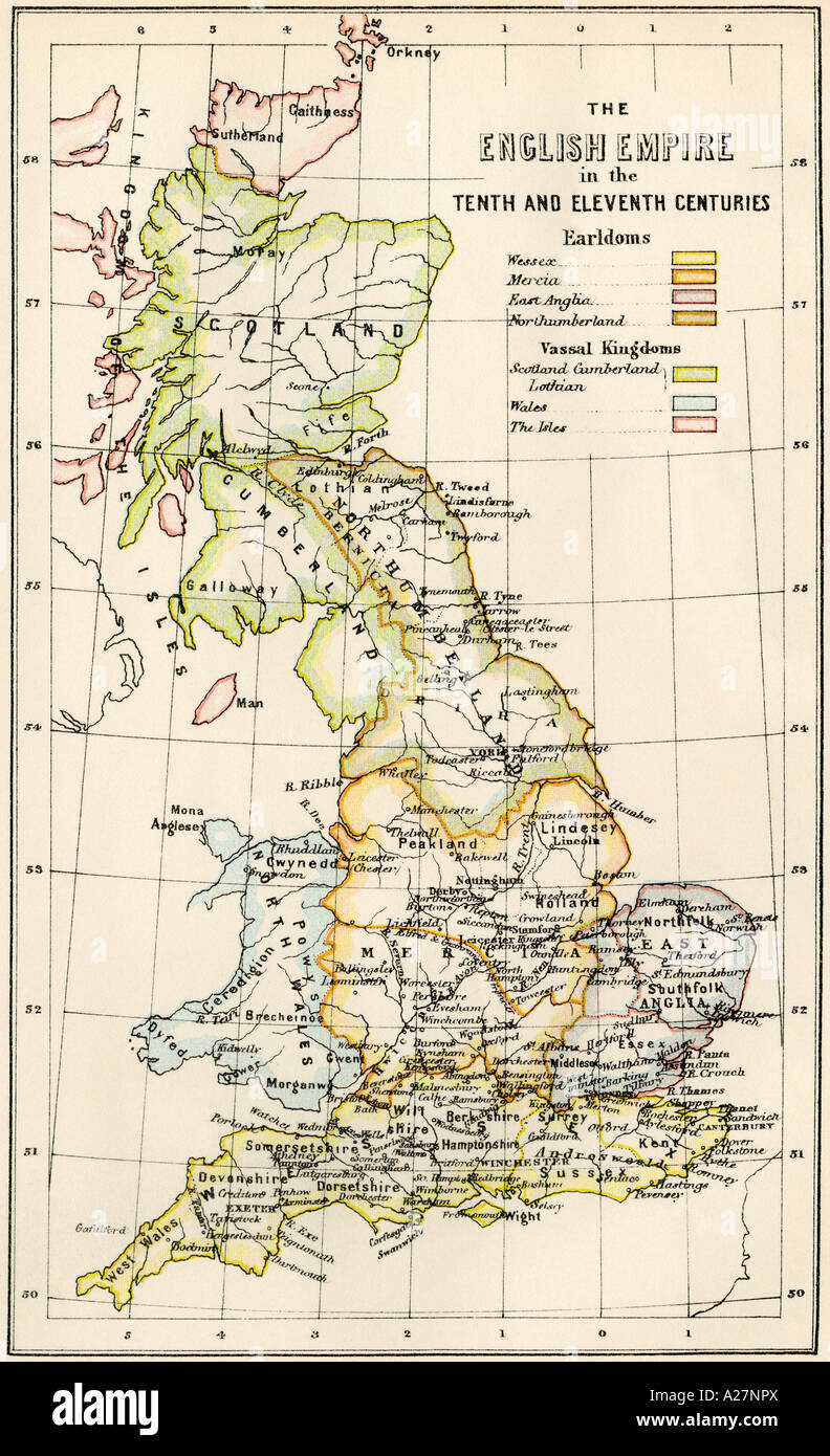 Karte von England im 10. und 11. Jahrhundert, die Grafschaften und vasall Königreiche 