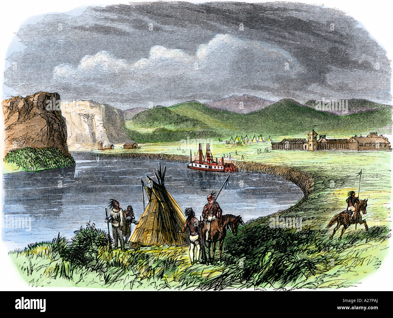 Steamboat am Fort Benton Montana auf dem Missouri River 1860. Hand - farbige Holzschnitt Stockfoto