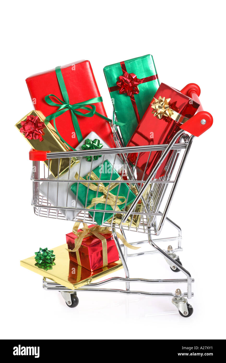 Einkaufswagen voller Weihnachtsgeschenke Stockfoto