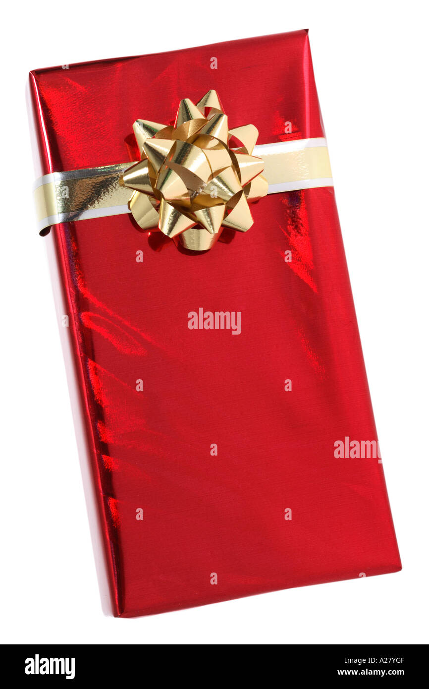 Rot Weihnachtsgeschenk mit gold Bug und Band Stockfoto