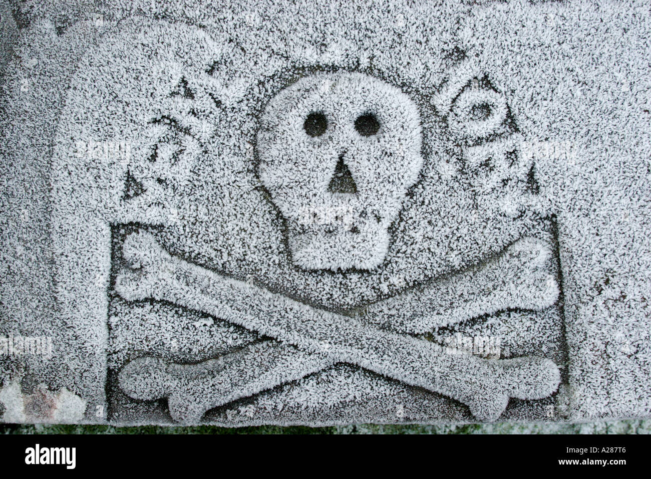 Schädel und gekreuzten Knochen Design auf Grabstein in Frost bedeckt Stockfoto