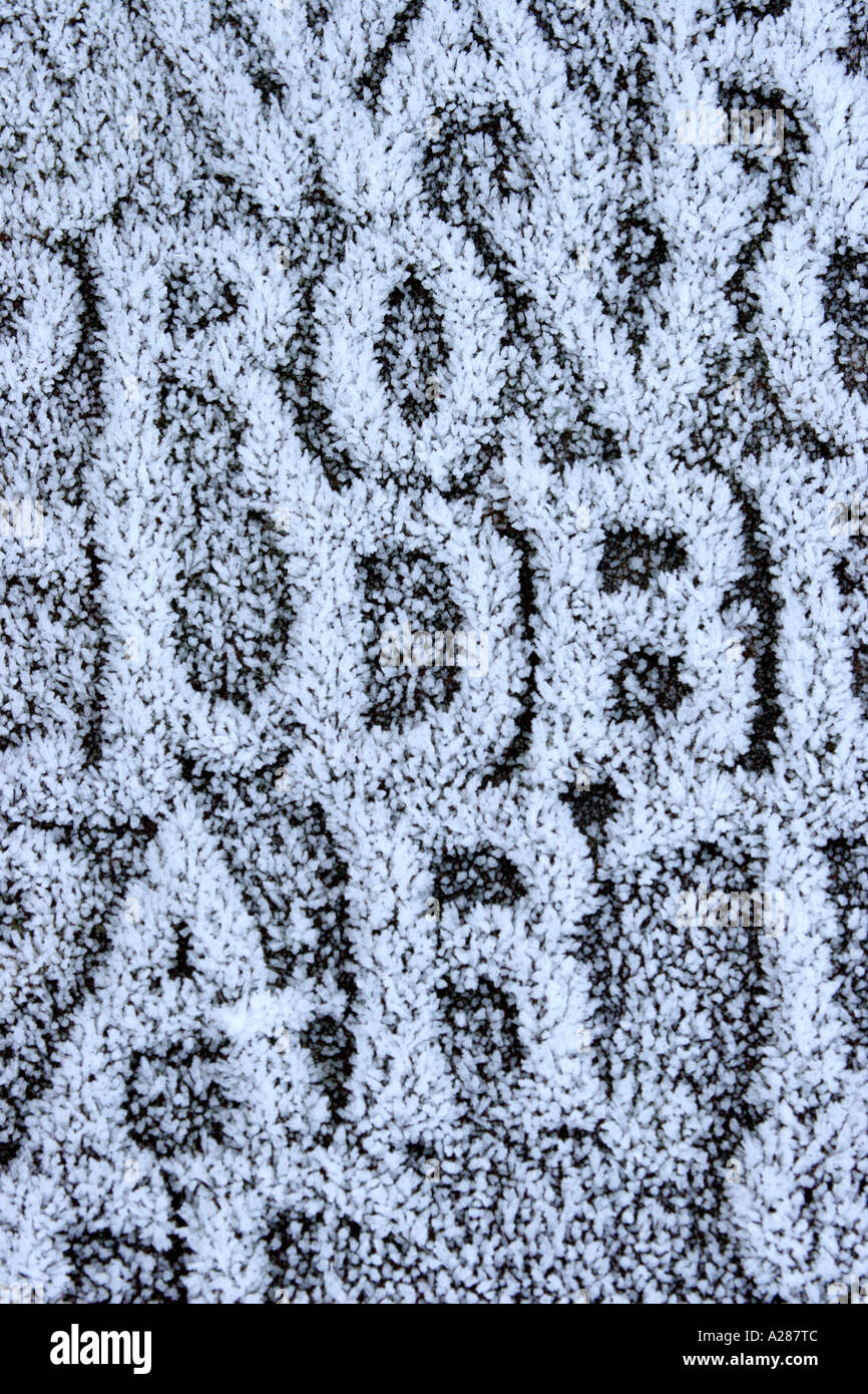 Schriftzug auf alten Grabstein in Frost bedeckt Stockfoto