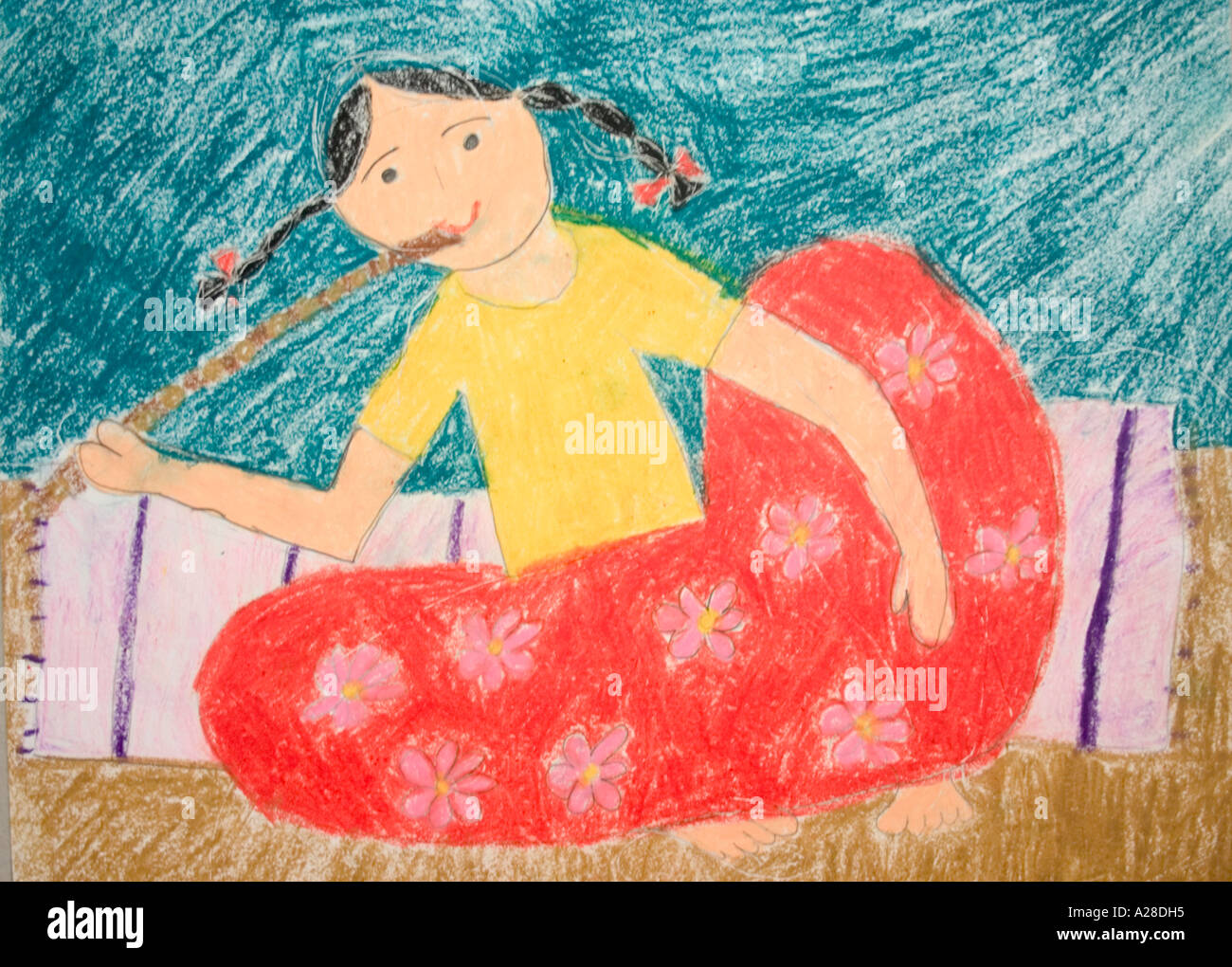 RSC76713 Oil Pastellmalerei Mädchens Zuckerrohr kauen Stockfoto