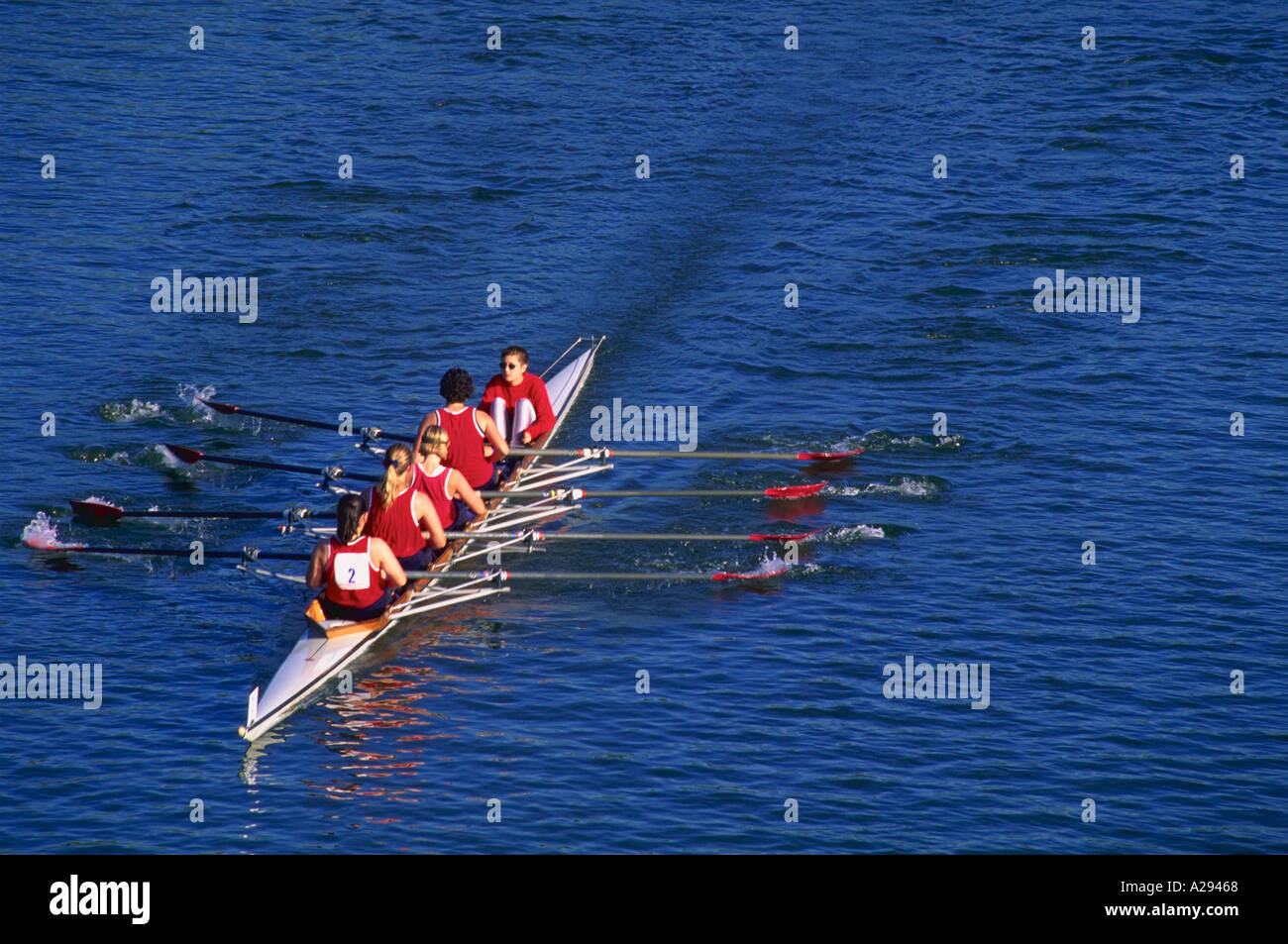 Mannschaft Team Frauen Quad mit Steuermann während des Wettkampfes In bunten Uniformen Schuss auf dem Potomac River Stockfoto