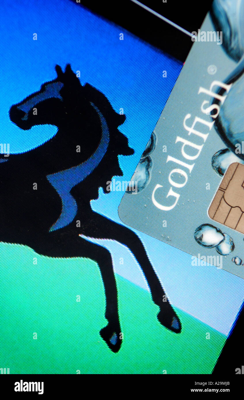 Ein Goldfisch-Kreditkarte-Bild mit dem schwarzen Pferd Lloyds Bank logo Stockfoto