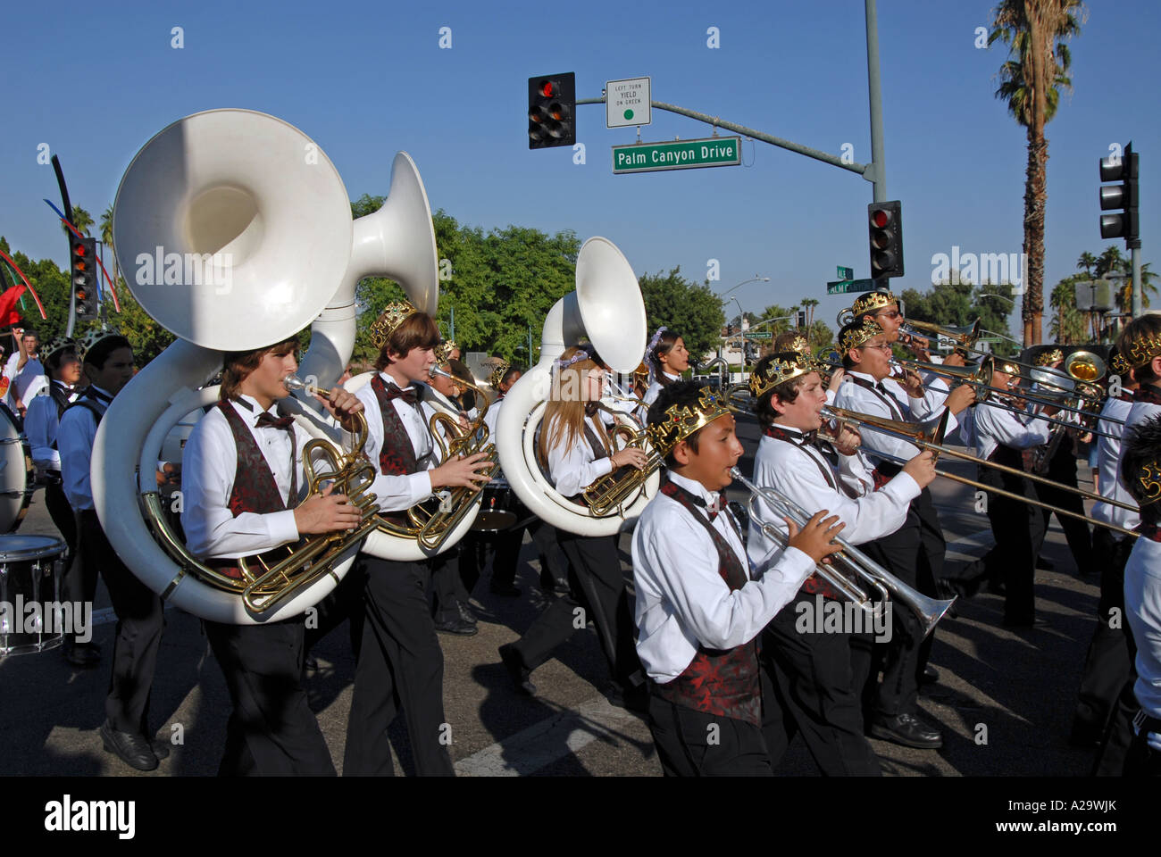 Blaskapelle, nach Hause kommen Queen-Parade, Palm Springs, Kalifornien. Stockfoto