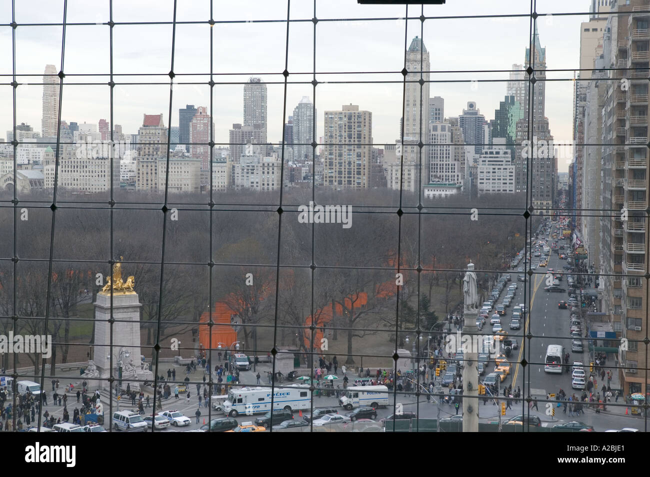 Blick auf Columbus Circle in New York von Time Warner Lincoln Center Allen Room Winter 2005 Stockfoto