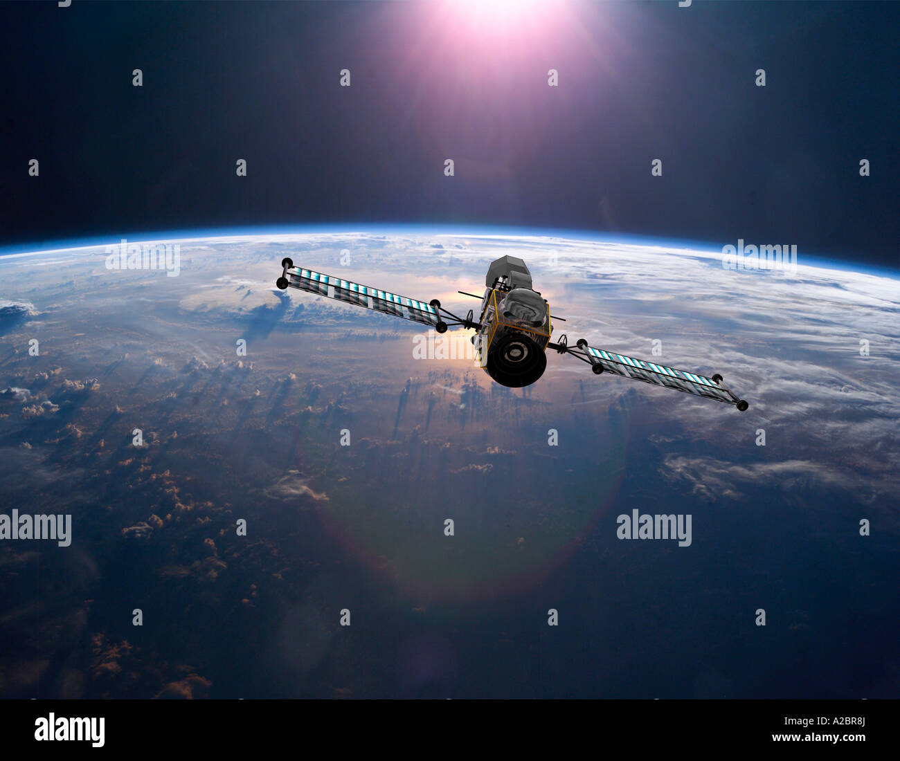 3D Rendern eines Satelliten über der Erde, deutete auf die aufgehende Sonne Stockfoto