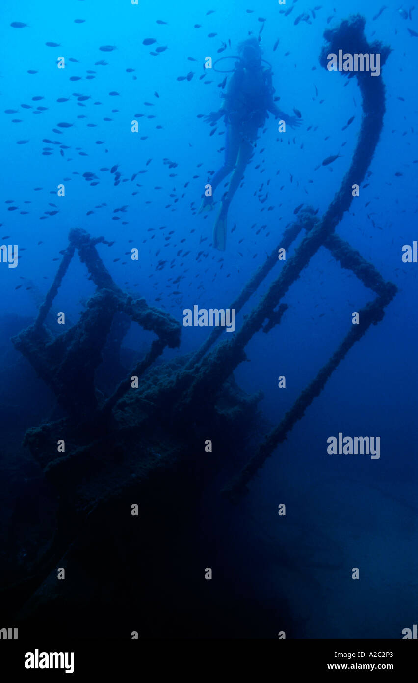 Taucher entdecken die Dalton-Schiffbruch mit einer Schule der Fische schwimmen im Hintergrund, Marseille, Frankreich. Stockfoto