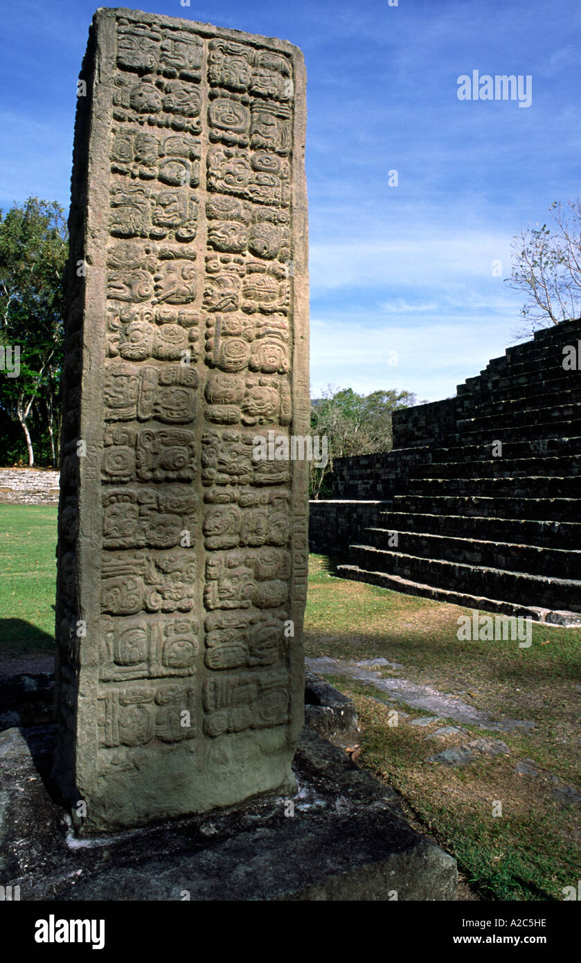 Kunstvollen Schnitzereien auf Stele A in den Maya-Ruinen von Copán in Honduras Stockfoto