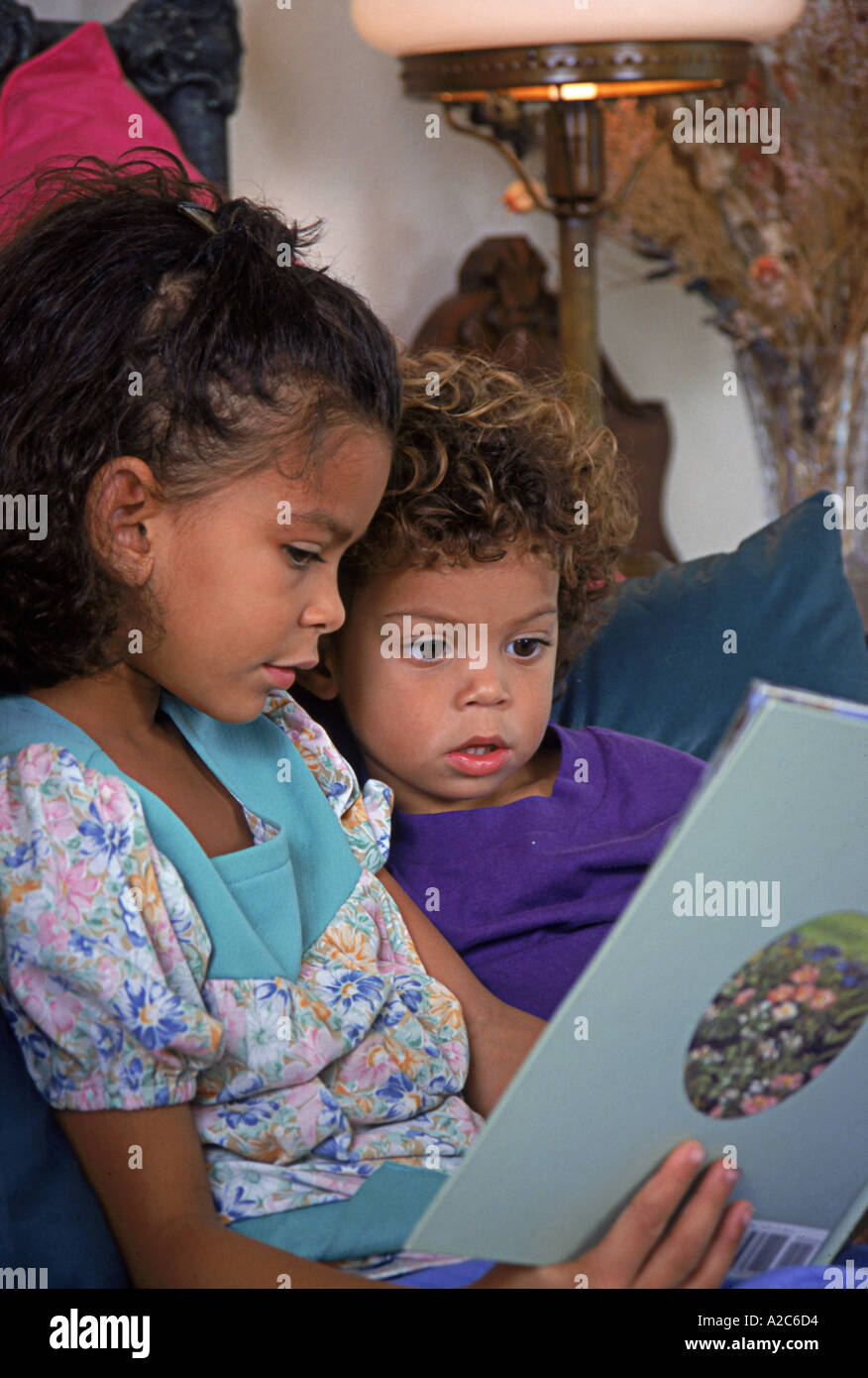 Ältere Schwester lesen Buch jüngeren 3-4 6-7-Jahre alt multi-kulturellen multi-ethnische Rasse zwei junge biracial Kinder lesen Bücher © Myrleen Pearson Stockfoto