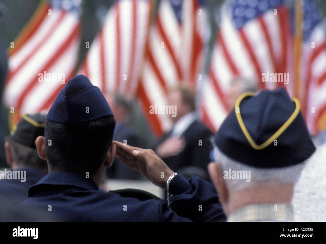 Anzeigen von hinten, wie Veteranen mehrere amerikanische Flaggen während einer Zeremonie begrüssen Stockfoto