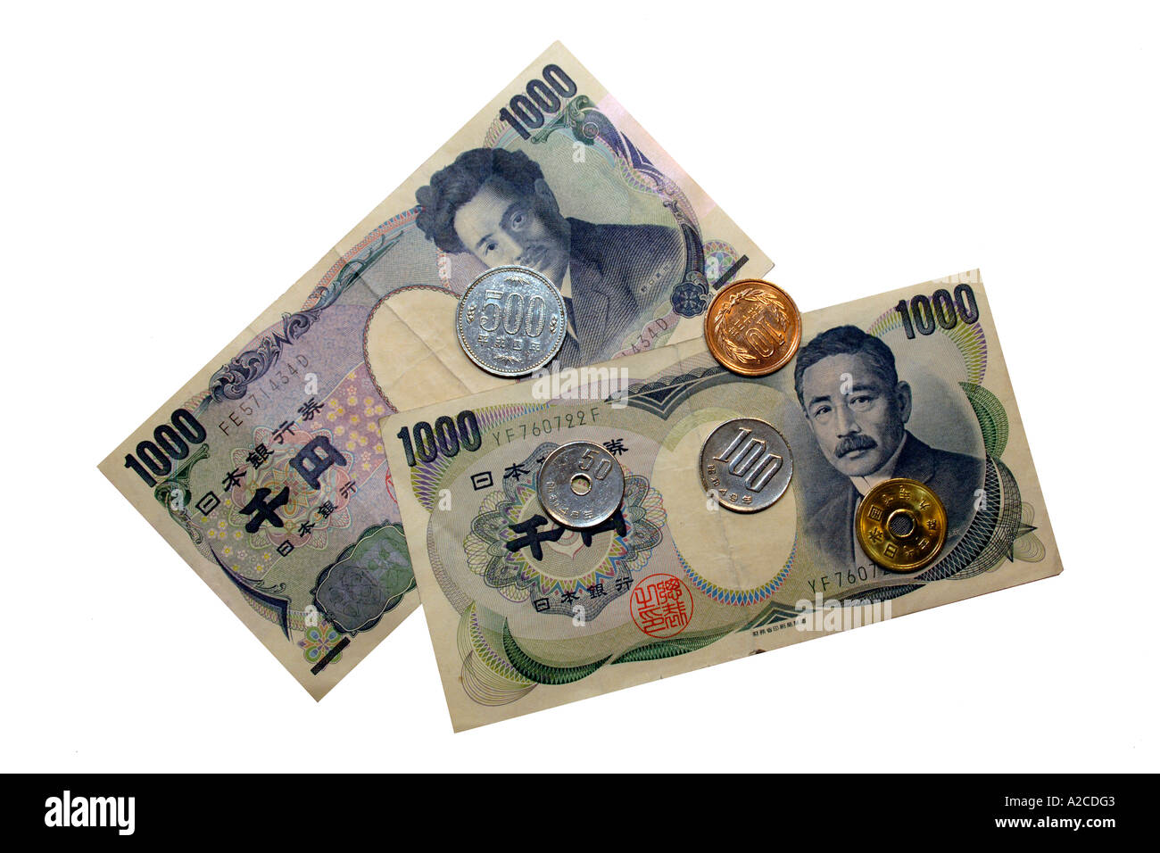 Japanischer Yen Geld vor einem weißen Hintergrund. Stockfoto